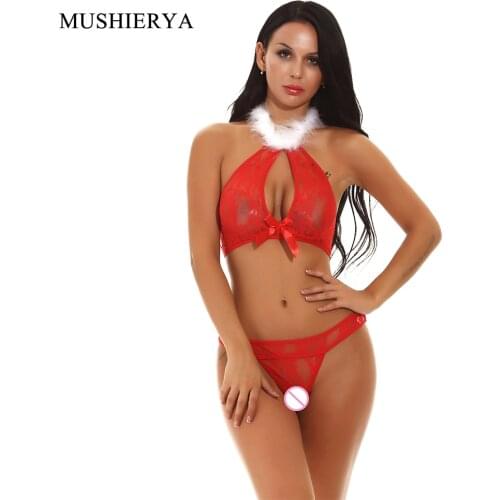 MUSHIERYA Women Christmas Sexy Lingerie Sexy Underwear Set Plus Size Transparent Babydoll Hot Erotic Costumes Brief Bra Set Lace