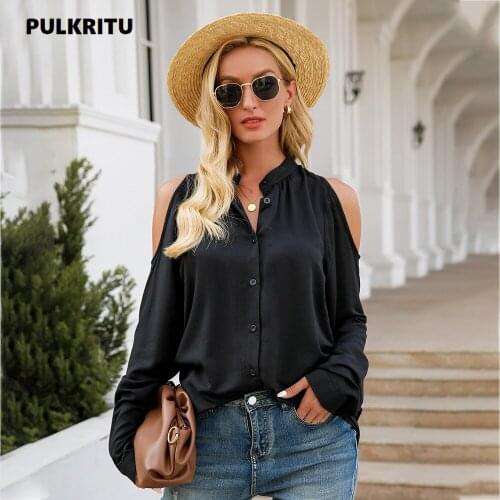 Pulkritu Women Cut Out Shoulder Long Sleeve Button Up Blouses Vintage Chic Classic Autumn Spring Shirts Tops