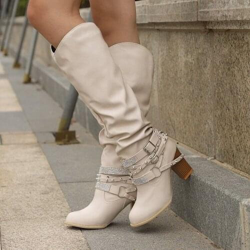 Women Shoes 2020 New European and American womens shoes high heel belt buckle large rivet womens high tube boots