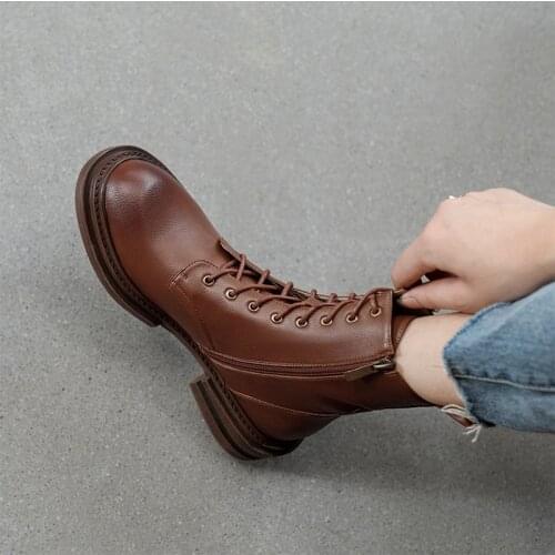 2021 New Genuine Leather Winter Women Boots Fashion Round Toe Chunky Heel ANKLE Boots Platform Shoes Women Shoes Modern
