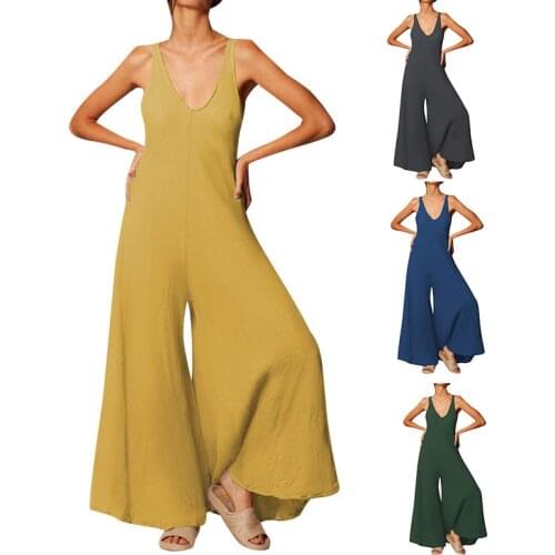 2021 Summer Women Loose Jumpsuits Wide Leg Pants Sleeveless Bib Jumpsuit Siamese Flare Long Trousers For Lady Large Size 5XL