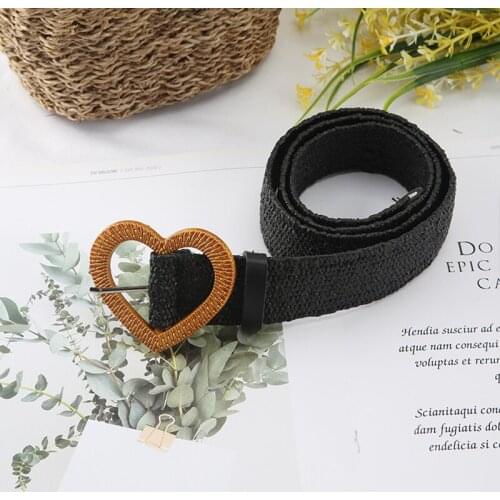 Women Braided Elastic Belt Round Heart-shaped Wooden Buckle Vintage Bohe Straw Buckle Belt Women Knitted Belt Dress Belt
