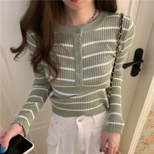 Womans O-neck Sweater Buttons Slim Black Stretch Knitted Pullovers Striped Casual Fashion Wild Ladies Tops 2021 Winter Spring