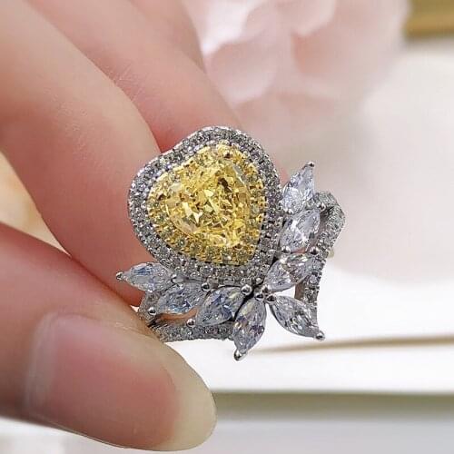 Charm 925 Sterling Silver 1CT Created Moissanite Citrine Heart Rings For Women Anniversary Engagement Fine Jewelry Gift 2021New