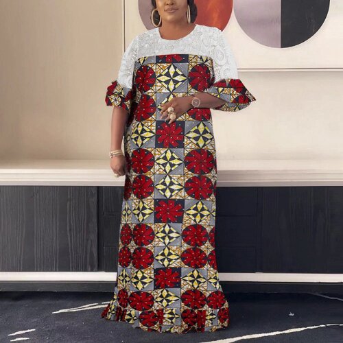 African Dress For Women Evening Fashion Red Floral Print Lace Patchwork Loose Floor Length Party Dinner Vestidos Mujer Dress Hot