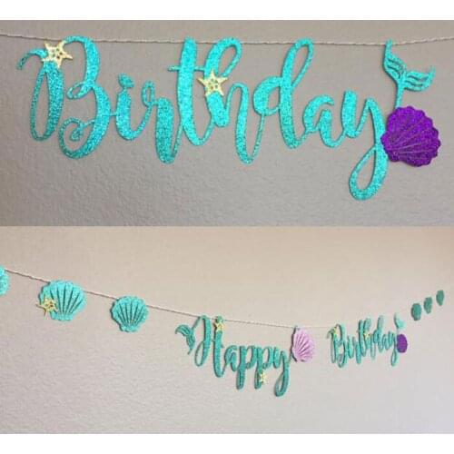 1set Mermaid Theme Party Decoration Glitter Cardboard Blue Lette Mermaid Happy Birthday Banner Seaside Hanging Supplies PSC92