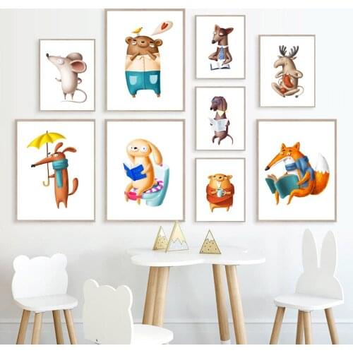 Watercolor Cartoon Elk Fox Bunnys Bear Mouse Wall Art Canvas Painting Nordic Posters And Prints Wall Pictures Kids Room Decor