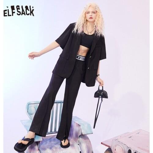 ELFSACK Solid Pure High Waist Split hem Casual Minimalist Women Pants 2021 Summer ELF Korean Ladies Daily Basic Wide Leg Trouser