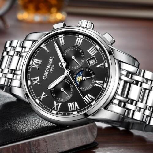 Relogio Masculino Luxury Brand CARNIVAL Multifunction Men Mechanical Wristwatches Full Steel Waterproof Moon Phase Watch For Men