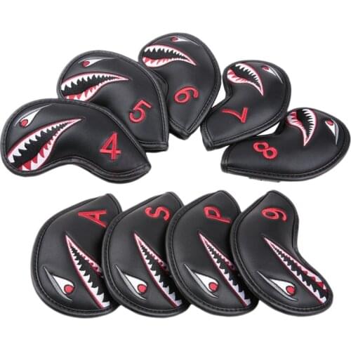 ELOS-Golf Shark Golf Iron Head Cover 9PCS/Set 4 5 6 7 8 9 P S A with V-Closure for Iron Club Accessories