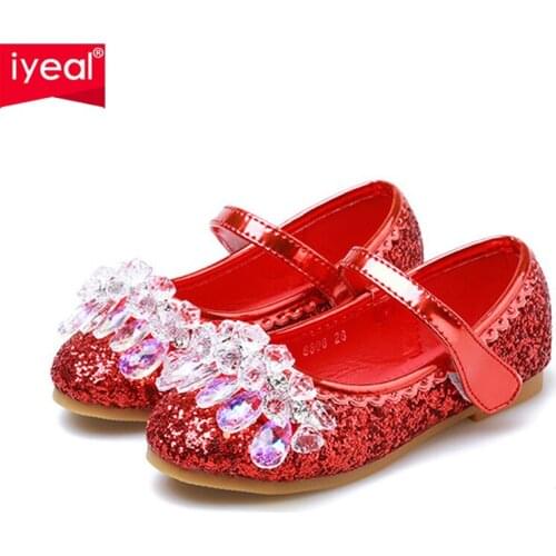 IYEAL Kids Leather Shoes Girls Cow Muscle Sequins Beaded Shoes Elegant Dress Shoes Princess Dance Sandals for Autumn Spring