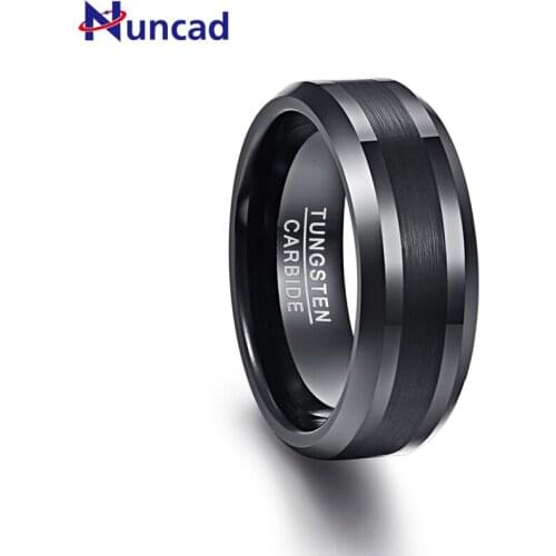 NUNCAD 8mm Tungsten Carbide Ring Black Wedding Engagement Band Brushed Center Mens Ring Beveled Edge Comfort Fit Size 7-12