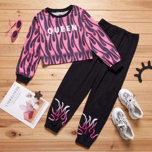 PatPat 2-piece Kid Girl Letter Print Stripe Pullover and Black Pants Set