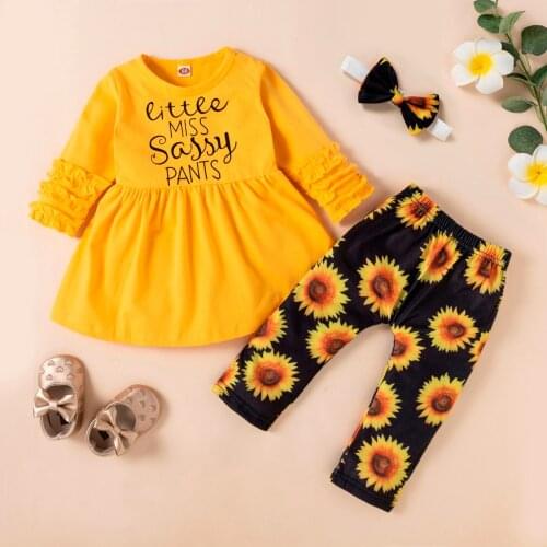 Baby Kids Clothes Sets Autumn Newborn Infant Baby Girls Ruffled Letter Dress+Sunflowers Flared Pants Outfits 2Pcs Sets