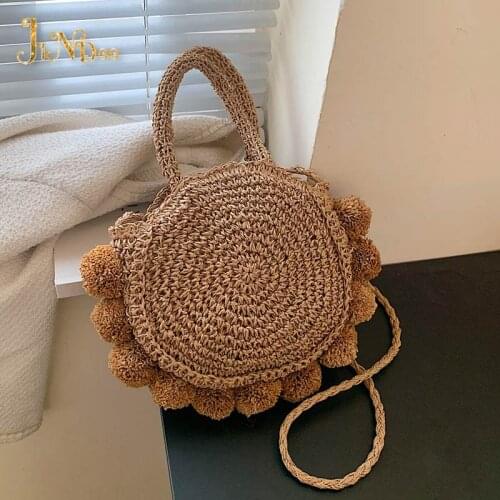 Summer Hand-made Women Beach Round Straw Crossbody Bags for Women Small Knitting Floral Edging Shoulder Female Handbag Ladies