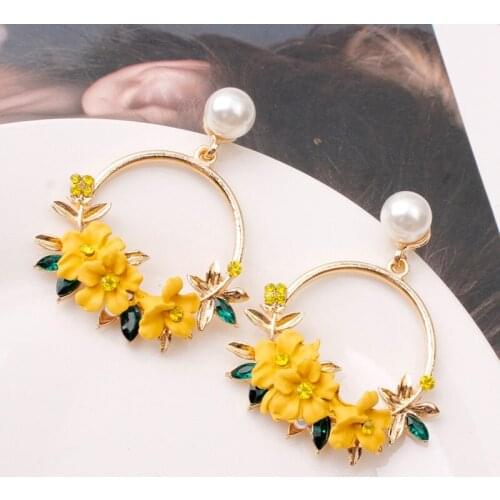 Trendy Cute Pink Flower Earrings For Women Girls Jewelry Female Rhinestone Metal Round Circle Earrings Gift Brincos