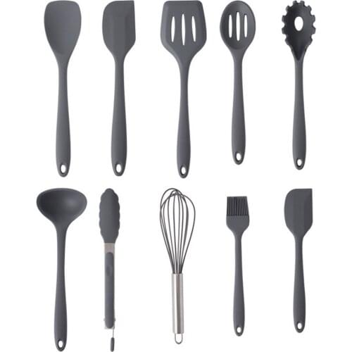 Gray Silicone Cooking Utensils 10 Pcs Kitchen Utensil Set Non-stick Spatula Wooden Handle with Storage Box Kitchen Tools