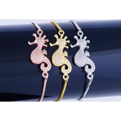 Newest Jewelry Lovely Zircon Crystal Hippocampus Charm Bracelets Diy Copper Micro Pave Square Chain Bracelets Women Bijoux Femme