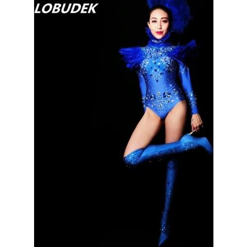 Blue Feather Shining Rhinestones Sexy Female Bodysuit Bright Crystal Jumpsuit Singer Nightclub Bar Costume DJ Party Stage Wear