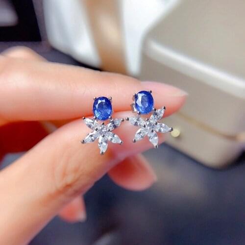 Dazzling Blue Sapphire Silver Earrings for Party 4mm*5mm Natural Sapphire Stud Earrings 925 Silver Sapphire Jewelry