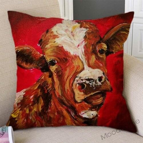 Cute Milk Cow Red Oil Painting Home Decorative Art Pillow Case Farm Livestock Animal Bull Kids Gift Cotton Linen Cushion Cover