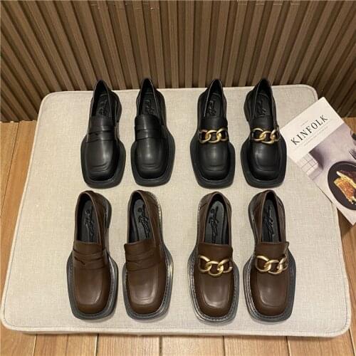 British style retro small leather shoes women 2021 new all-match thick-soled single shoes soft-soled chain womens shoes