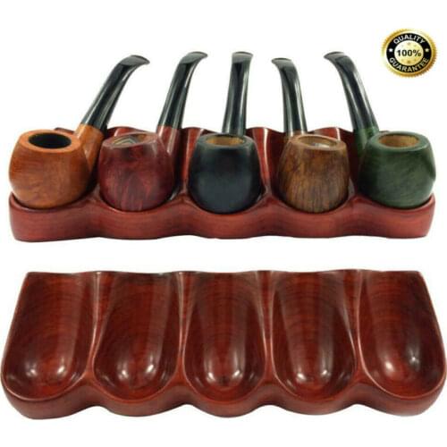 Unique Holds 5 Pipes Solid Red Wood Tobacco/Smoking Pipe Stand/Rack/Holder Gift New