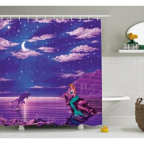 Mermaid Shower Curtain Cartoon Style Dolphins and Water Nymph with Open Star Filled Night Sky Home Decor Bath Curtains