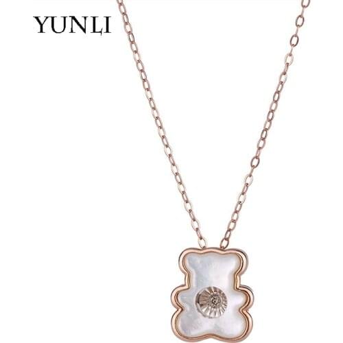 YUNLI Real 18K Gold Pendant Necklace Natural Diamond Cute Bear Design Pure Solid AU750 Chain for Women Fine Jewelry Gift PE005