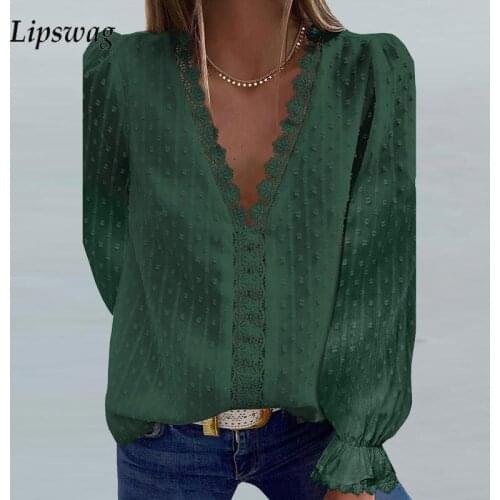2021 Autumn Sexy Embroidery Lace V-Neck Chiffon Blouse Women Casual Solid Long-Sleeved Tops Elegant Loose Streetwear Pullover