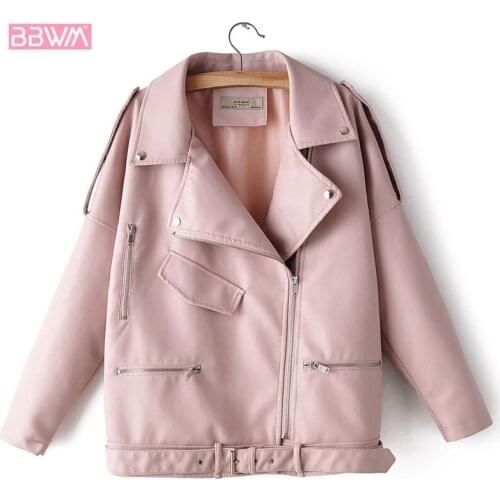 PU Long Sleeve Lapel Loose Belt Zipper Locomotive Windproof Womens Jacket 2019 Winter Korean Chic Pink Female Coat Black Beige