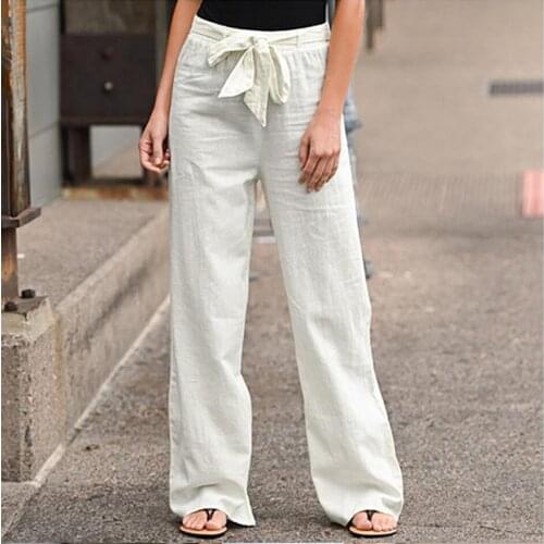 2021 Women Pants Linen Cotton Casual Pants Solid Harajuku Green Trousers Summer Female Drawstring Waist Full Length Trousers