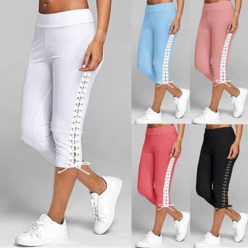 Women Fitness Sports 3/4 Length Trousers Athletic Pants Summer Side Bandage Stretch Capris Pants Trousers Pantalon Mujer