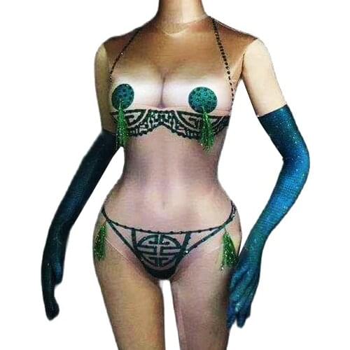 Sleeveless Women Skinny Stretch Bodysuits Glove Nightclub Pole Dance Costumes Singer Dance Shiny Diamonds Tassel Stage Wear