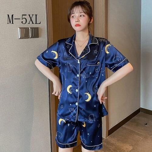 Plus Size Set M-5XL Woman 2 Pieces Silk Women‘s Shorts Summer Pajamas Set Moon Shorts Sets Pajamas Casual Home Wear Sleepwear