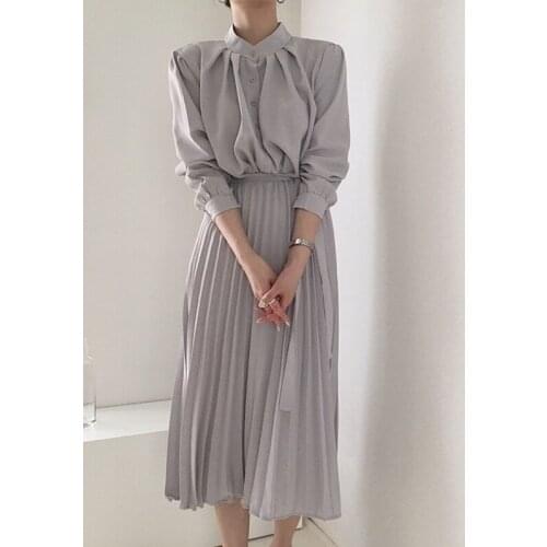 New 2021 Womens Spring Summer Shirt Dresses High Waist Korean Oversize Elegant Lace Up Pleated Long Dress Z224