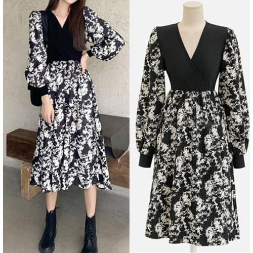 2021 Spring Autumn Plus Size 5XL Women Dress Patchwork Thick Print Ladies Vestidos V-Neck Bohemian Robe Long Sleeve Dresses