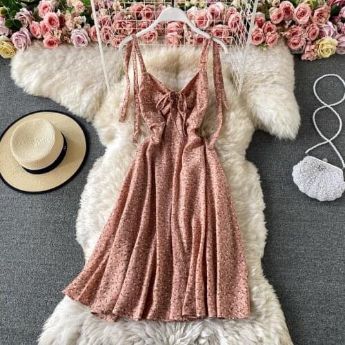 2021 Summer New All-match Bowknot Floral Vestidos Female High-waist Fold Drawstring Sling Chiffon Midi Dress C913