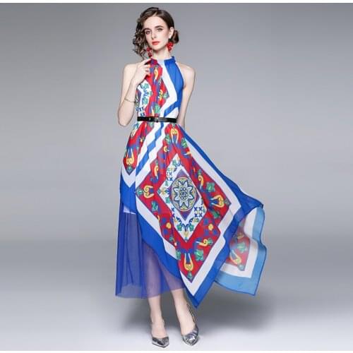 New Arrival Elegant Women Halter Boho Holiday Dress Summer Chiffon Flower Print Sleeveless Splicing Mesh Long Dresses With Belt