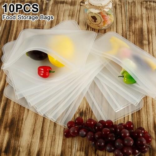10Pcs/set of Silicone Food Bag Reusable Fresh-keeping Bag Fruit and Vegetable Sealed Bag Leak-proof Food Storage Ziplock Bag