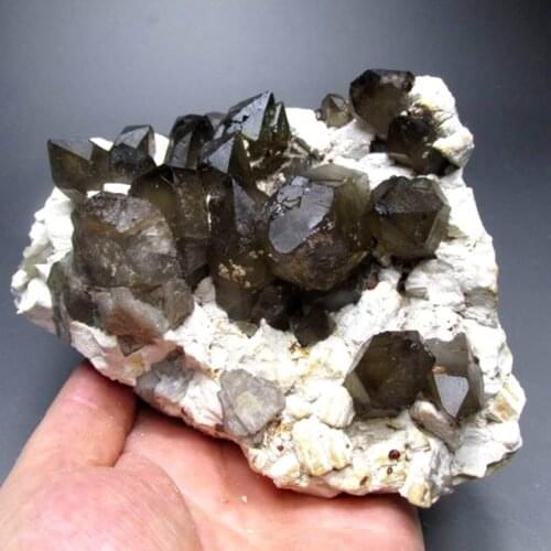 1201g Smoky Quartz Cluster+Spessartine Garnet on Feldspar Matrix - crystals and stones healing Mineral specimen Home Decor