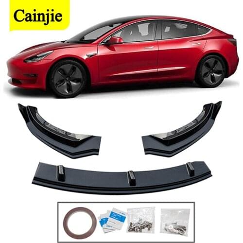 3Pcs Carbon Fiber Look Car Front Skirt Bumper Splitter Lip Body Spoiler Kit Trim For Tesla Model 3
