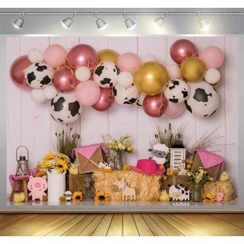 Wooden Pig Sheep Toys Haystack Balloons Birthday Scenic Decoration Backgrounds For Photo Baby 1st 2nd 3rd Party Decor Backdrops