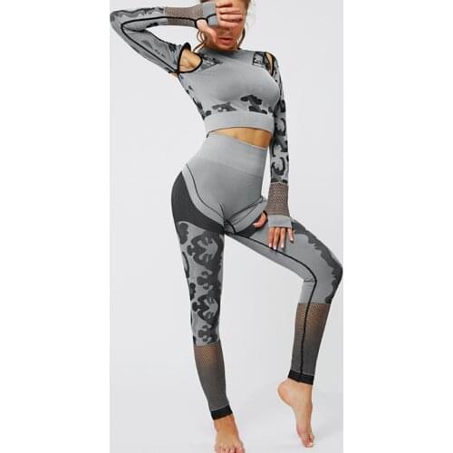 Best Selling Sexy Hollow Navel Exposed Women Printing Sports Long Sleeve T Shirt Fitness Yoga Tights Pants