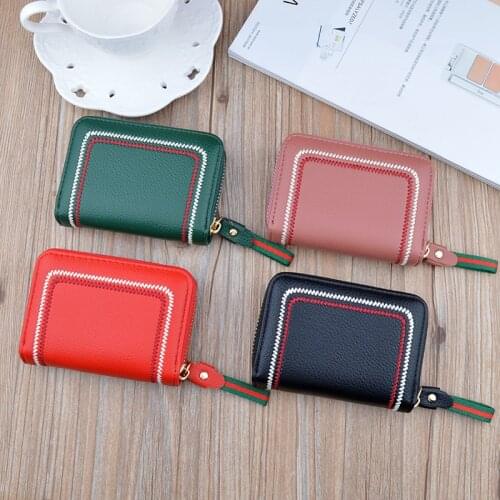 Womens wallet Color Embroidery Zipper Multiple Card Slots Coin Purses Female Pu Leather Solid Color Card Holder Clutch Bag