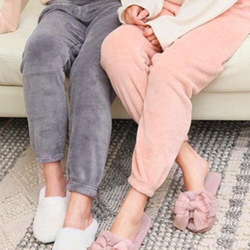 Fashion Leisure Lady Solid Color Elastic Waist Ankle Tie Warm Coral Fleece Pajama Pants Trousers
