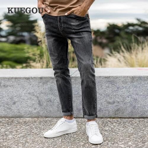 KUEGOU 2021 Autumn Winter New Clothing Men Jeans Scratched Slim Fim Fashion Stretchy Wash Vintage Denim pants Plus Size 3085