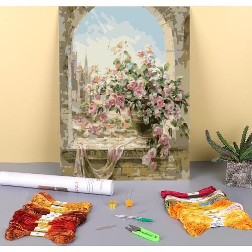 Flower Vase Pre-Printed 11CT Cross-Stitch Embroidery Kit DMC Threads Needlework Handiwork Handmade Sewing Stamped Home Sales