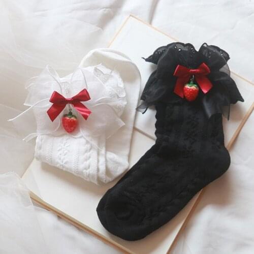 1 Pair Lolita Style Maiden Lovely Woman Bows Lace Socks Summer Sweet Strawberry Ruffle Cotton Princess Socks High Quality