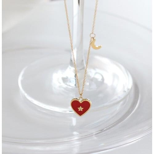 New Tredny18K Gold Plated Titanium Steel Chain Cute Moon Red Love Heart Star Pendant Necklace For Women Girls Jewelry Gift